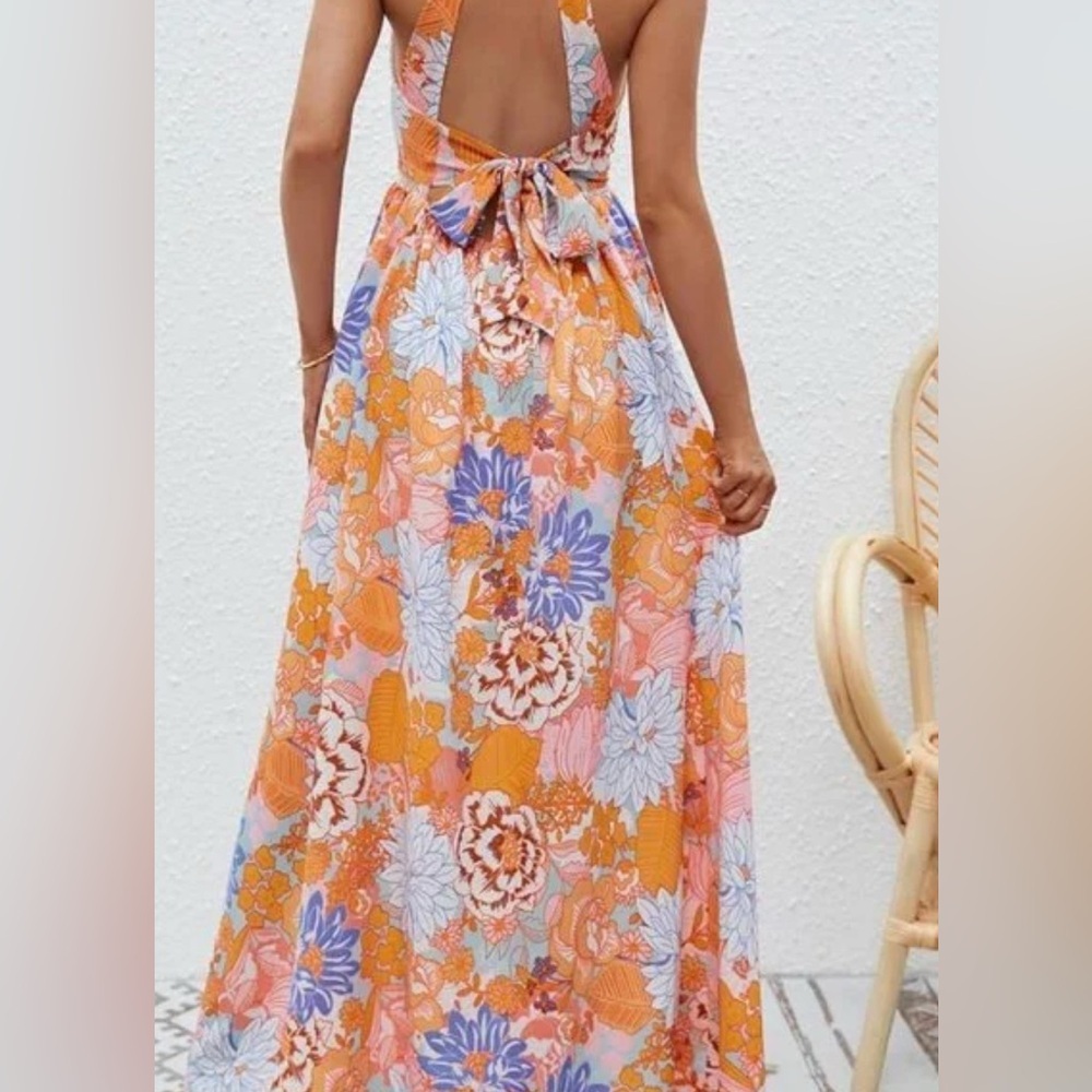 Zesica Halter Neck Maxi Summer Dress Floral Backless Orange/Blue Cruise Size S - Picture 7 of 8